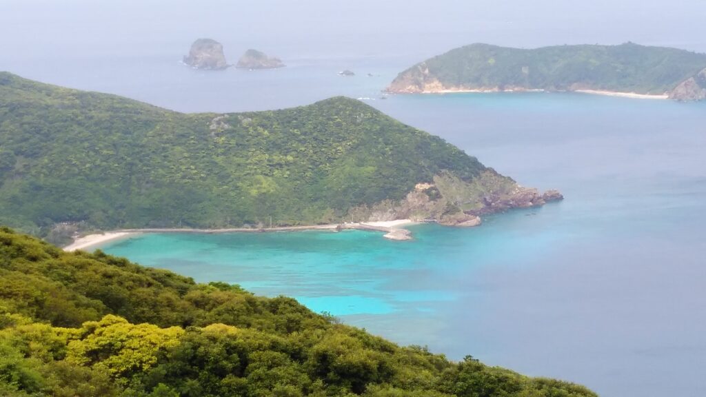 大島海峡展望台から実久ビーチを望む。