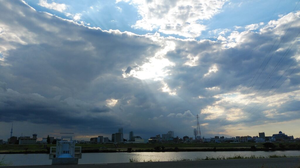 江戸川河川敷から曇り空を望む。
